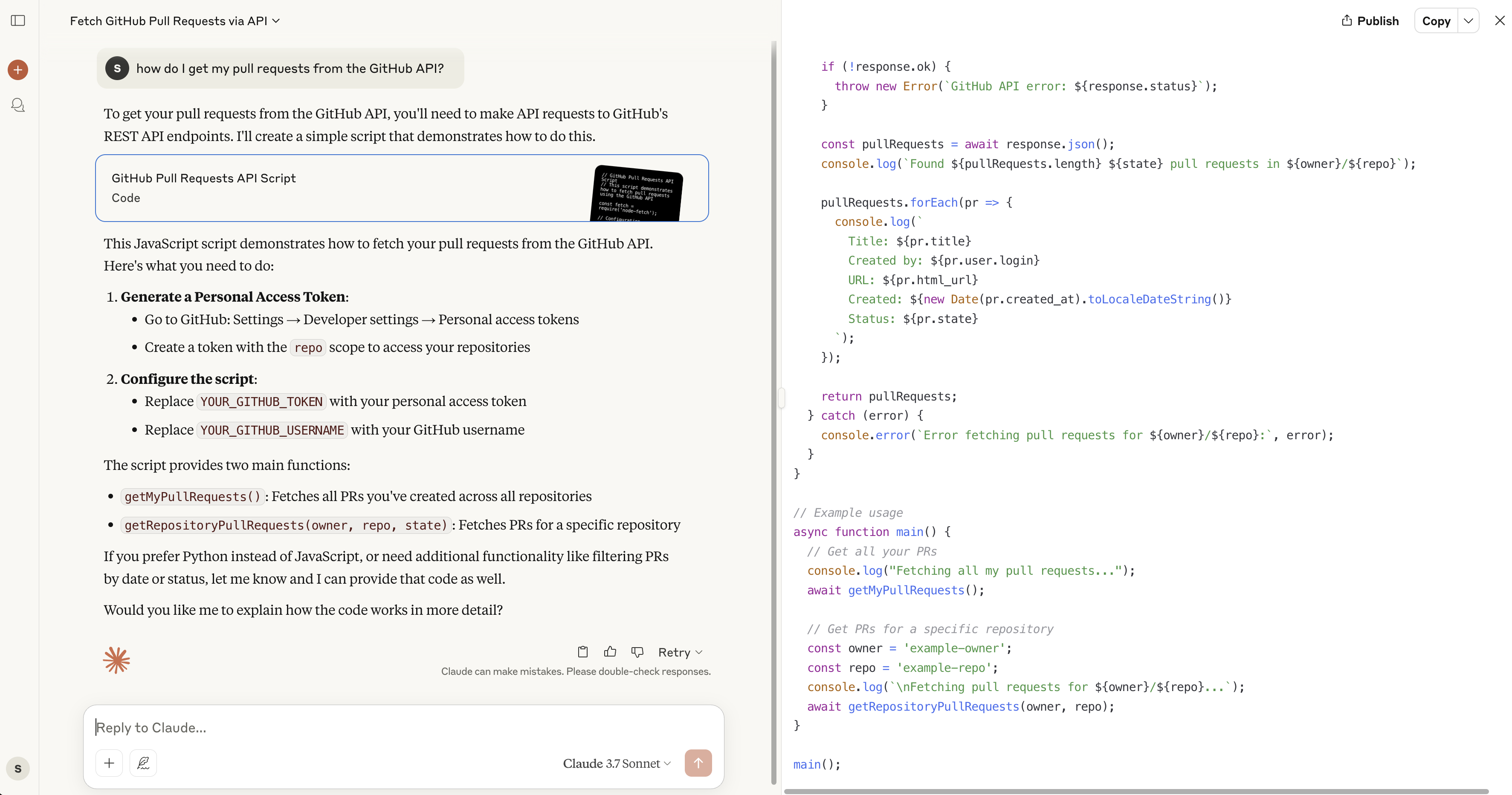 screenshot of Claude response